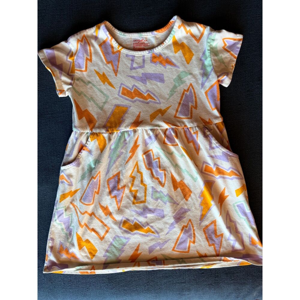 Cat & Jack Girls Lightning Bolt Dress Pastel Short Sleeve Pockets Size M 8